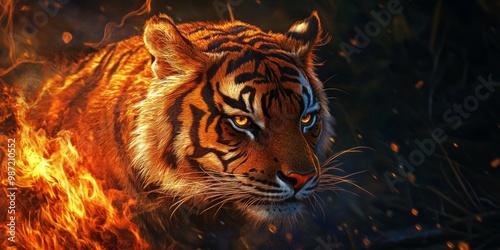 A fierce tiger strides through a fiery landscape. The vibrant colors and intense expression create a striking image. This artwork showcases power and beauty. AI photo