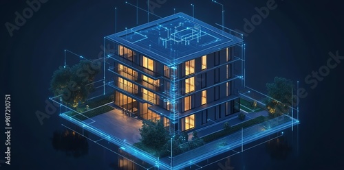 A modern building with glowing blue lines around it, showcasing the concept of a smart home.