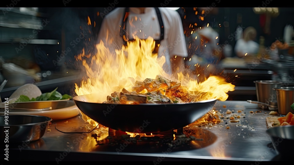 A chef in a white suit prepares food in the restaurant's hot kitchen. An exotic Asian dish is embraced by a flame of fire on a large wok. A chef in a white suit prepares food in the restaurant's hot kitchen. An exotic Asian dish is embraced by a flame of fire on a large wok.