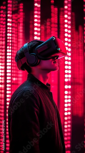 A person wearing VR headset and a black jacket standing against a red and pink light background.