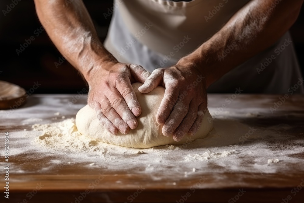 Close-up of a male baker's hands kneading dough on a large wooden table sprinkled with flour in a bakery, restaurant kitchen. Close-up of a male baker's hands kneading dough on a large wooden table sprinkled with flour in a bakery, restaurant kitchen.
