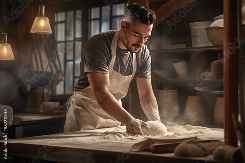 A male baker in a chef's hat kneads dough by hand on a large table sprinkled with flour in a bakery, restaurant kitchen.