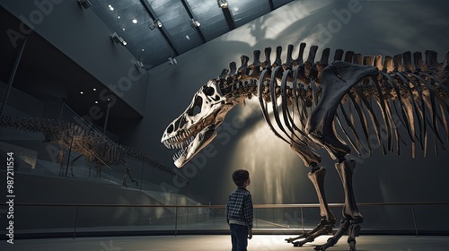 A little boy in a paleontology museum looks curiously at a large dinosaur skeleton. A child on a field trip examines the bones of a fossilized animal. photo