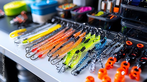 Fototapeta kuchenna Colorful fishing lures and tackle are scattered across a white table, ready for a day of fishing.