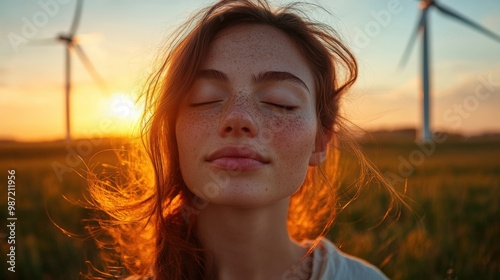 Woman face on right with closed eyes and freckles and peaceful expression against green meadow with wind turbines in background. Green energy. Wind energy.