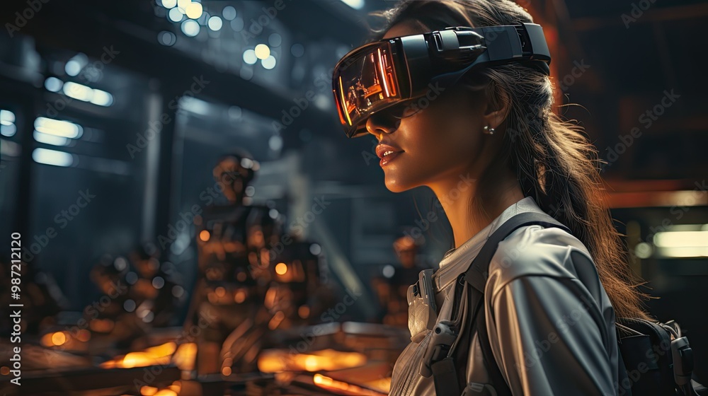 A woman engineer wearing a futuristic helmet and augmented reality goggles in a factory. A worker uses an AR headset for inspection and production. A woman engineer wearing a futuristic helmet and augmented reality goggles in a factory. A worker uses an AR headset for inspection and production.