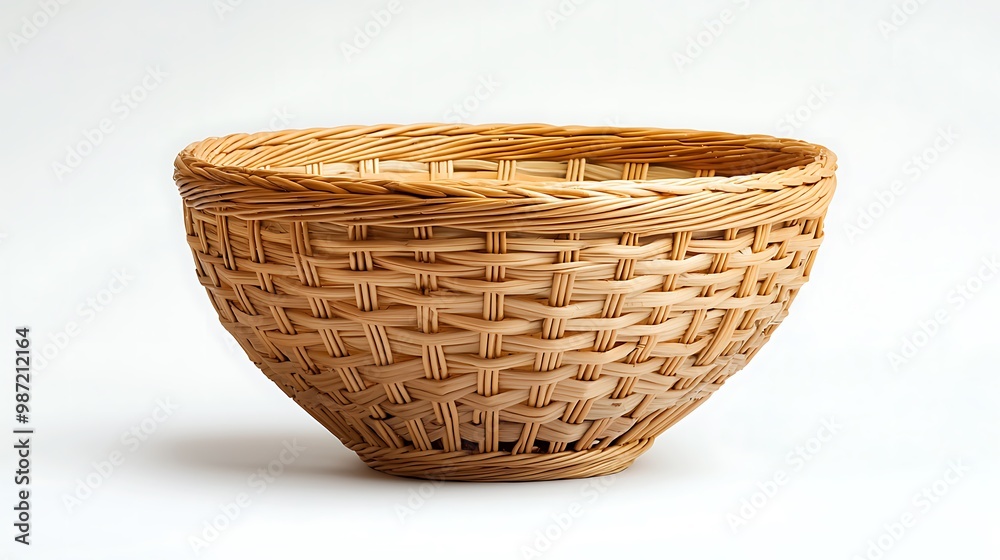 An empty wicker basket, captured against a white background, ready for any use. An empty wicker basket, captured against a white background, ready for any use.