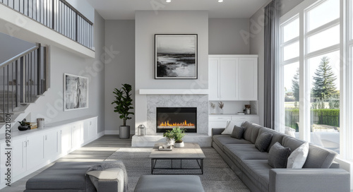 A bright and airy living room with two gray sofas, white cabinets on each side of the fireplace, a coffee table in front of it, a TV above the fireplace, and windows behind the couches