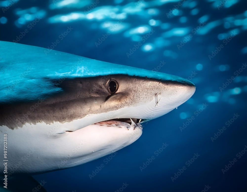 Naklejka premium Close-up view of a shark's eye and mouth, highlighting its sharp teeth and powerful gaze. The detailed focus captures the predator's intense expression, emphasizing the shark's dominance in the ocean.