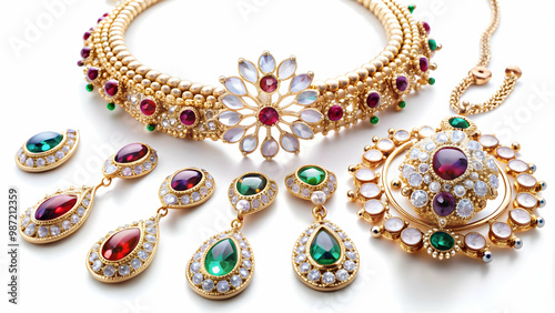 Beautiful and elegant jewelry pieces on a white background, necklace, earrings, bracelet, ring, diamonds, gemstones, luxury