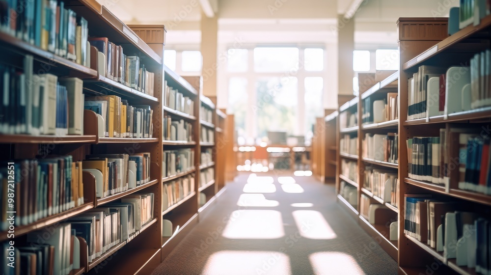 Shelves of books in a library or bookstore on a bright sunny day. Rows of various folios, printed publications. Shelves of books in a library or bookstore on a bright sunny day. Rows of various folios, printed publications.