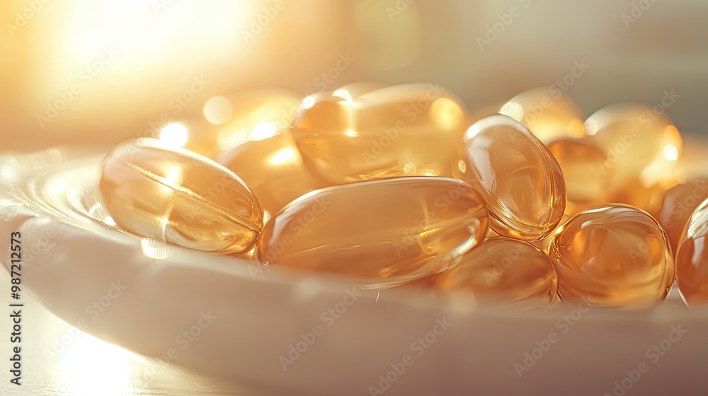 A close-up of Omega 3 fish oil capsules sitting on a white dish, glowing under natural light, highlighting their smooth, glossy texture. A close-up of Omega 3 fish oil capsules sitting on a white dish, glowing under natural light, highlighting their smooth, glossy texture.