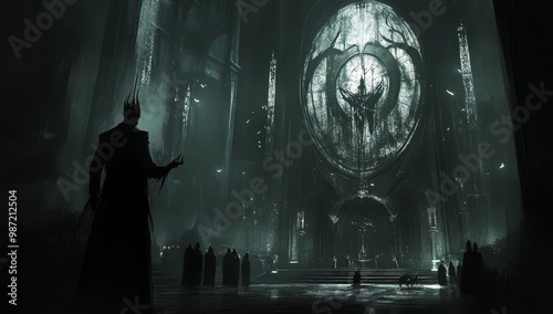 Dark, ominous hall with cloaked figures.