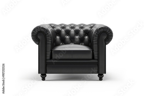 Leather armchair in black color on white background. Luxurious expensive upholstered furniture.