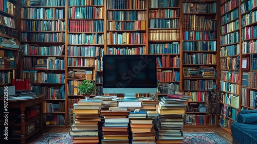 Surrounded by a vibrant collection of books, a sleek computer sits atop stacks of literature, creating a perfect blend of traditional and modern reading space for inspiration and learning