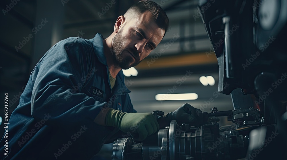 A man mechanic specialist on the background of the workshop, garage. Smiling master in the factory shop among machines and repair equipment. A man mechanic specialist on the background of the workshop, garage. Smiling master in the factory shop among machines and repair equipment.
