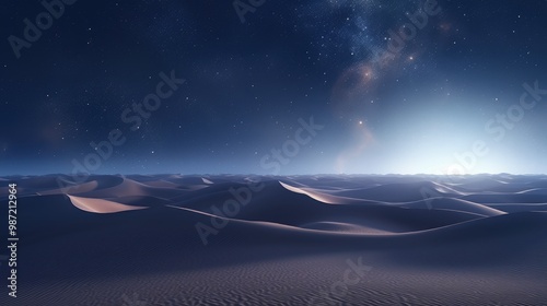 Desert at night under a starry sky. Sand dunes overlooking the sunset, sunrise. In the night sky galaxies and nebulae. Mystical, surreal background.