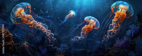 An ultra-realistic 4K render of a surreal underwater world, where luminescent jellyfish float alongside bioluminescent coral reefs and ancient sunken ruins