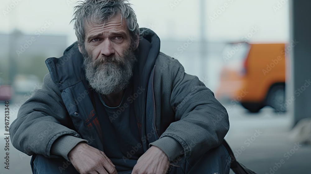 An elderly homeless man in old dirty clothes sits on the ground on a city street. An expression of longing and hopelessness on the beggar male's face. An elderly homeless man in old dirty clothes sits on the ground on a city street. An expression of longing and hopelessness on the beggar male's face.