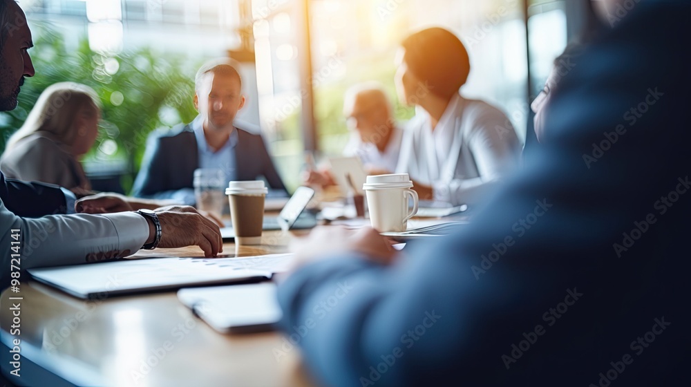 A group of people in business suits in a meeting in a brightly lit office with large windows. Blurred silhouettes of managers and executives. A group of people in business suits in a meeting in a brightly lit office with large windows. Blurred silhouettes of managers and executives.