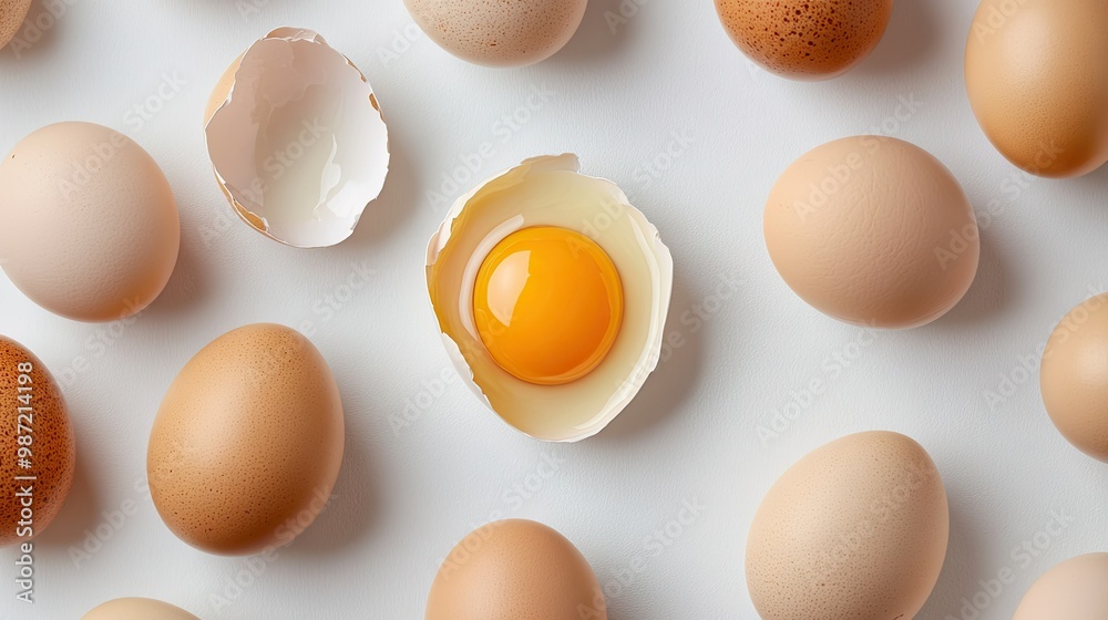 A cluster of fresh eggs scattered on a white background, with one egg cracked open to reveal the golden yolk inside A cluster of fresh eggs scattered on a white background, with one egg cracked open to reveal the golden yolk inside
