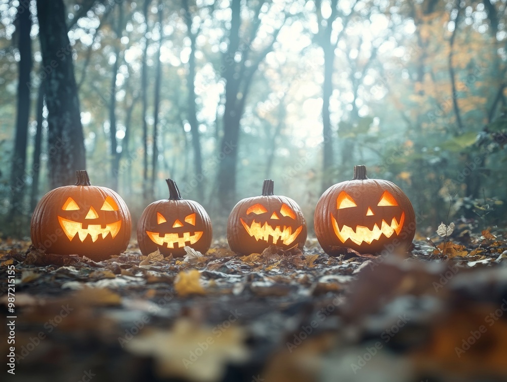 Jack-o-lanterns carved with twisted evil grins Jack-o-lanterns carved with twisted evil grins