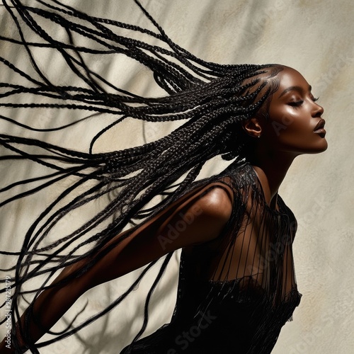 An African American woman with a fashionable hairstyle of many braids looks out from under her brows. Black and white image. Gloomy mood, depression, mistrust.