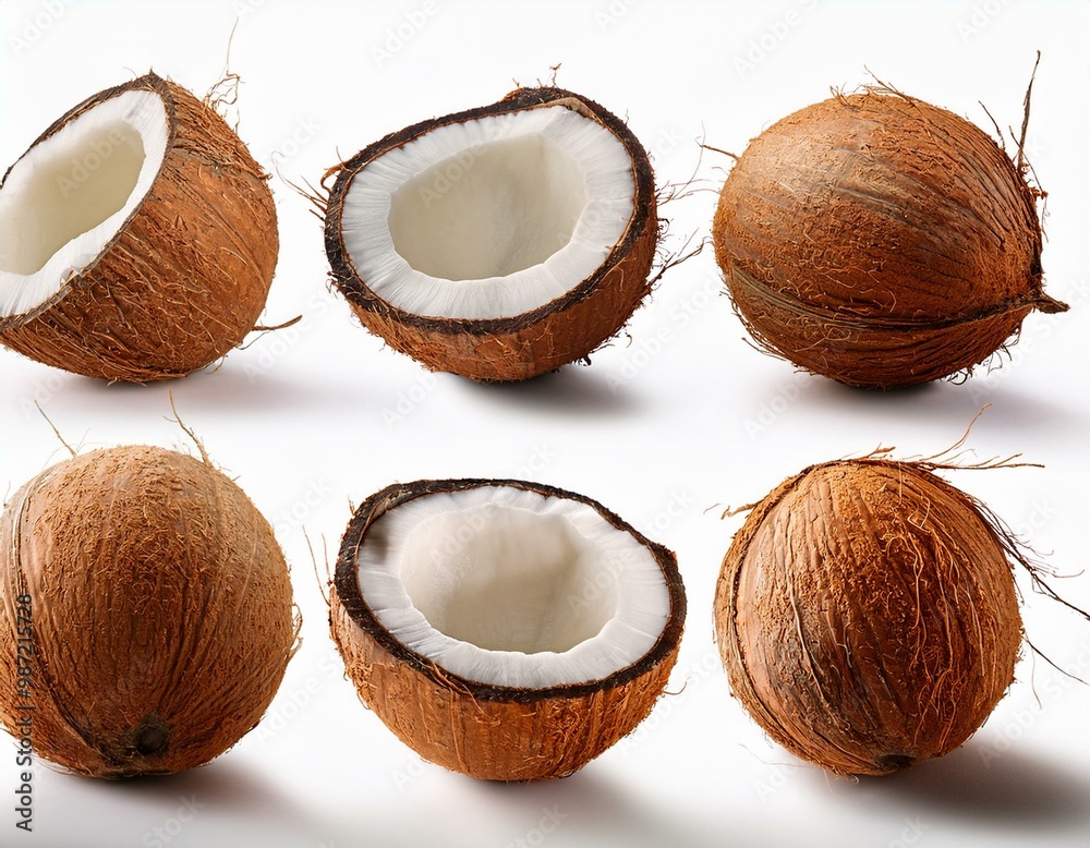 Set of delicious coconuts on white background