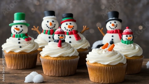 set of snowman design cupcakes on aesthetic wooden table background photo