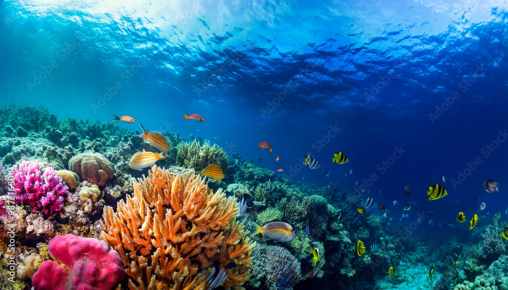 Obraz premium Underwater coral reef landscape super wide banner background in the deep blue ocean 