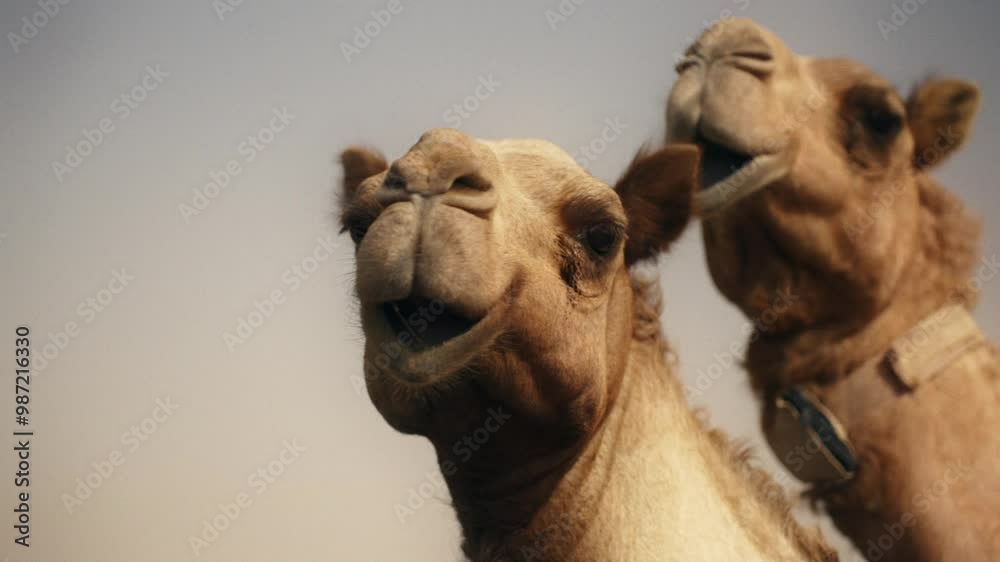 2 curious dromedary camels in the desert of United Arab Emirates during daytime