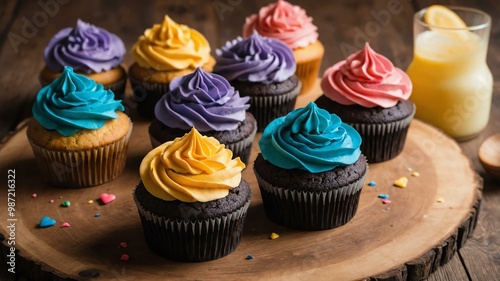 set of rainbow design cupcakes on aesthetic wooden table background photo