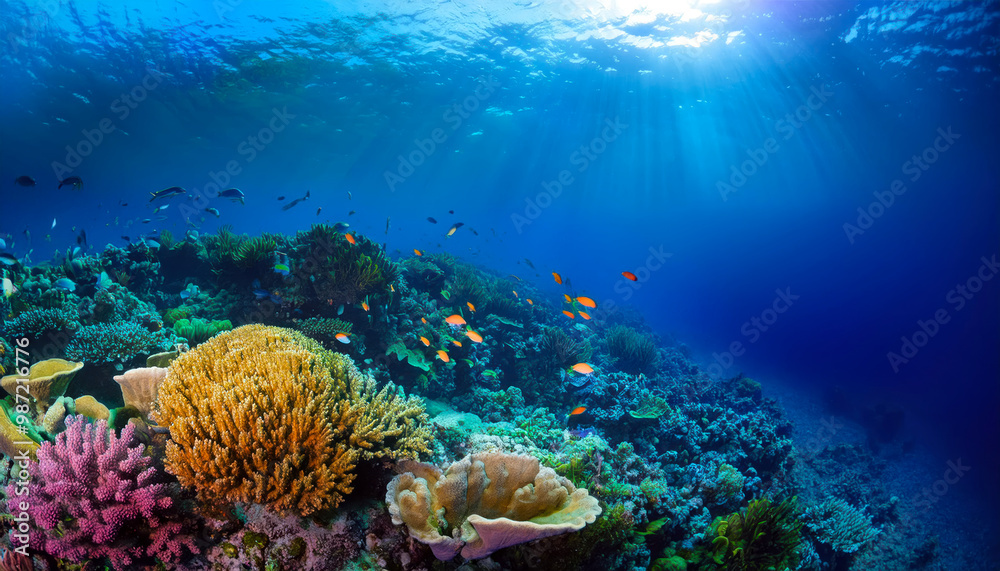Naklejka premium Underwater coral reef landscape super wide banner background in the deep blue ocean 