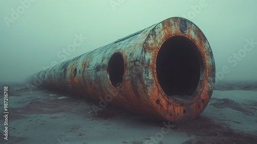 Rusty Pipe in a Foggy Landscape photo