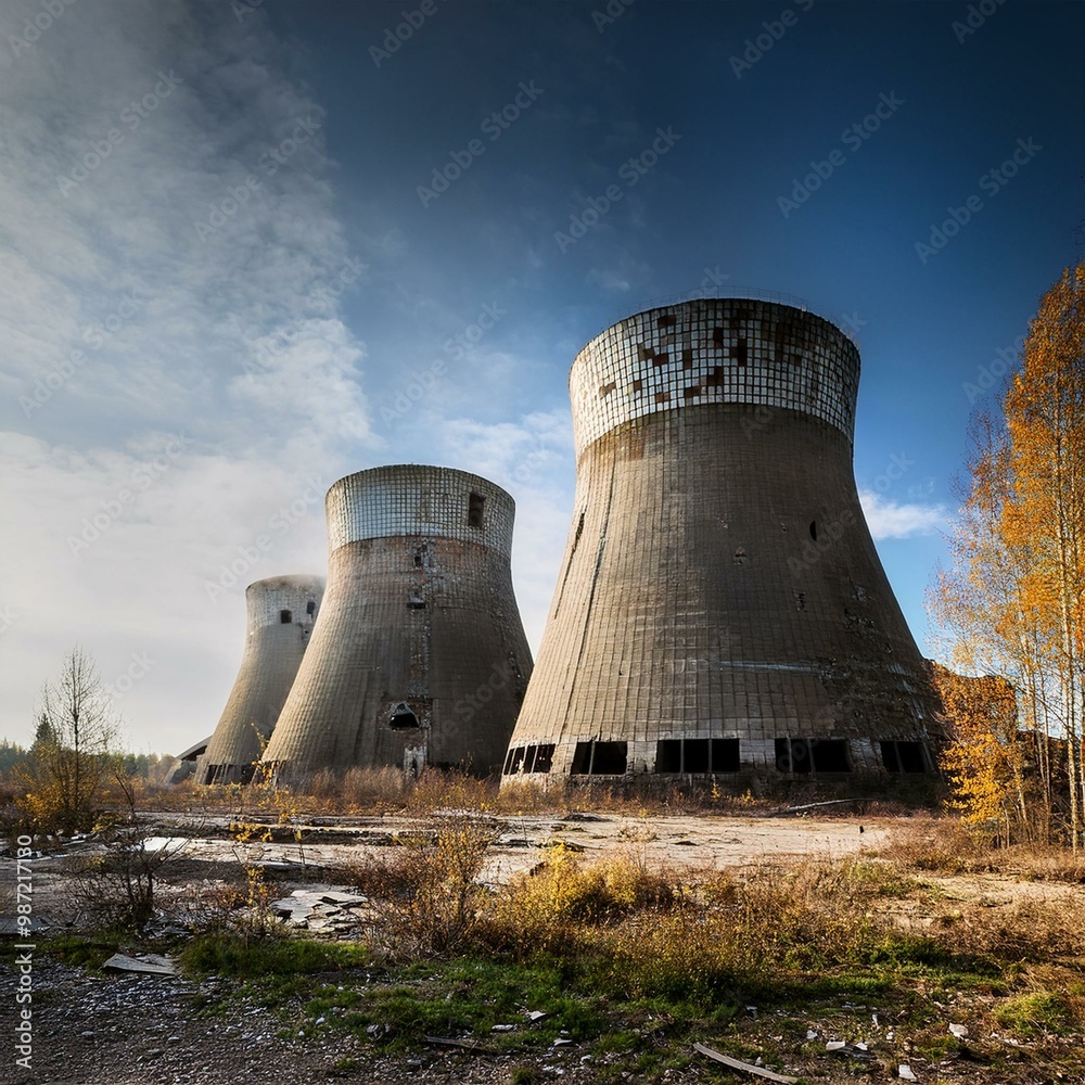ruins of abandoned nuclear plant, AI generated ruins of abandoned nuclear plant, AI generated