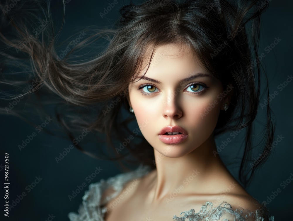 Feminine and gentle woman with long hair, glowing perfect skin, beauty industry, beauty and health. Feminine and gentle woman with long hair, glowing perfect skin, beauty industry, beauty and health.