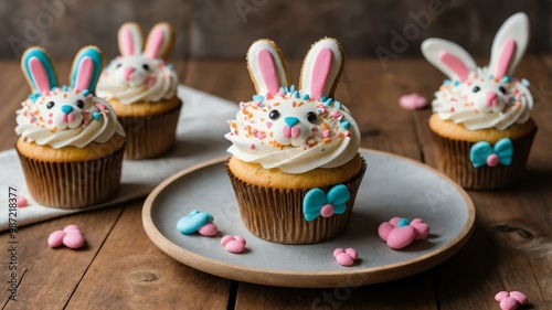 set of bunny design cupcakes on aesthetic wooden table background photo