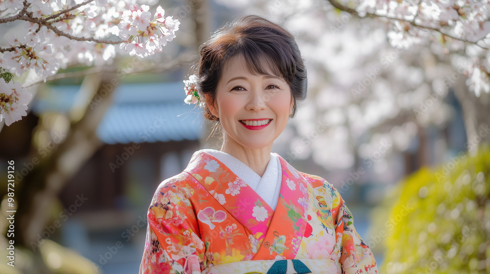 Older Woman in Kimono with Cherry Blossoms Older Woman in Kimono with Cherry Blossoms