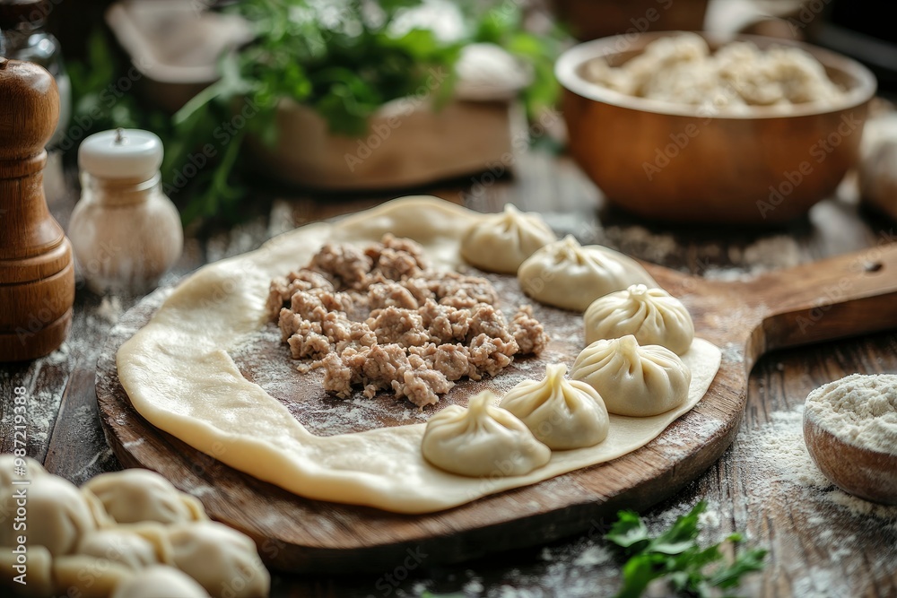 Making Dumplings. Minced meat filling on raw dough slices. Convenience Food, cooking process on rustic wooden table. Close-up shot. Soft focus , ai Making Dumplings. Minced meat filling on raw dough slices. Convenience Food, cooking process on rustic wooden table. Close-up shot. Soft focus , ai