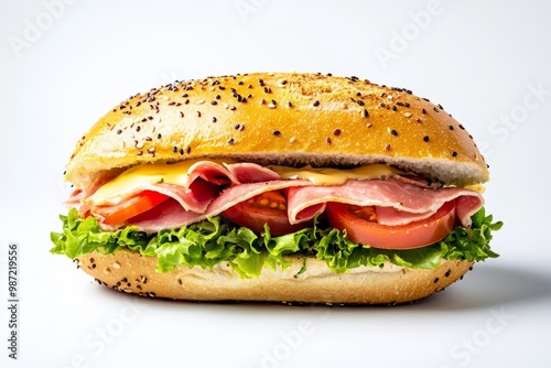 A delicious sandwich with fresh lettuce, tomatoes, and layers of ham and cheese. Perfect for a quick lunch or snack. Enjoy the crunchy poppy seed bun. Generative AI photo