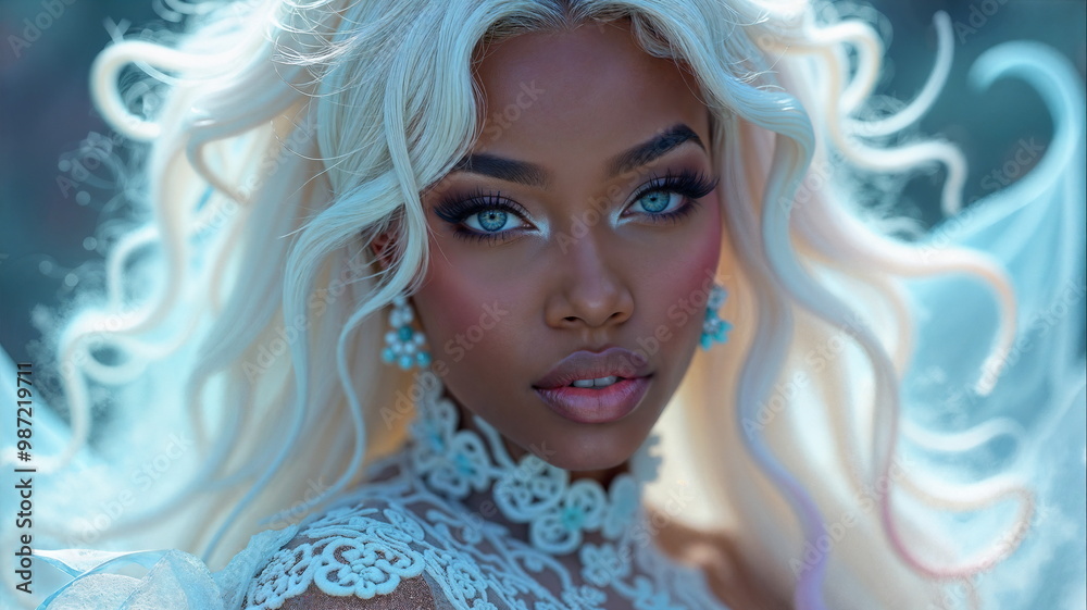 The black woman features voluminous, wavy blonde hair and stunning blue eyes. She wears delicate earrings and a statement ring, presenting a captivating, refined presence with her hands clasped The black woman features voluminous, wavy blonde hair and stunning blue eyes. She wears delicate earrings and a statement ring, presenting a captivating, refined presence with her hands clasped
