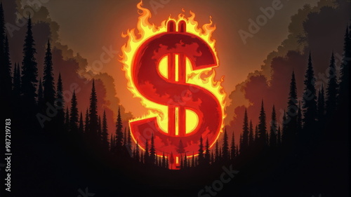 The dollar symbol engulfed in flames contrasts sharply with the surrounding trees, conveying a striking visual of the destructive impact of human greed on the environment. photo