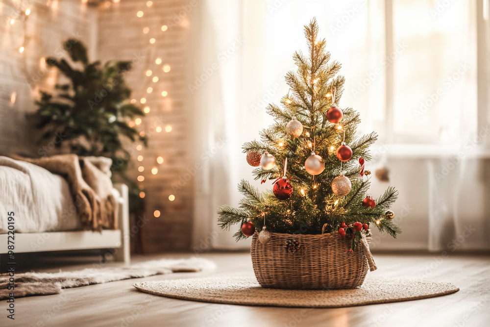 A minimalistic apartment showcases a sustainable Christmas with a beautifully decorated tree. A minimalistic apartment showcases a sustainable Christmas with a beautifully decorated tree.