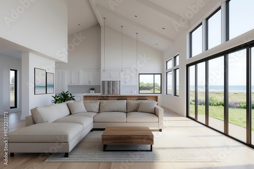 Modern living room with large windows, minimalist design, and a comfortable sofa overlooking a scenic view.