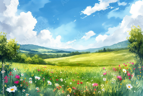 Watercolor illustration of a serene meadow, with wildflowers and gentle hills under a bright blue sky, Generative AI