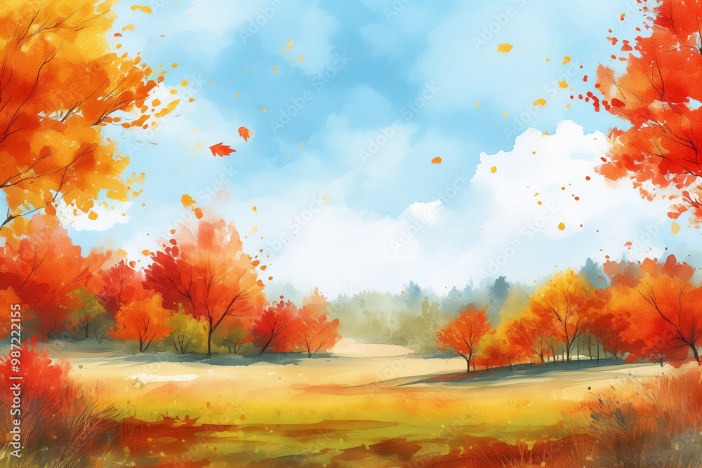 Watercolor illustration of a vibrant autumn landscape, with colorful foliage and a clear blue sky, Generative AI Watercolor illustration of a vibrant autumn landscape, with colorful foliage and a clear blue sky, Generative AI