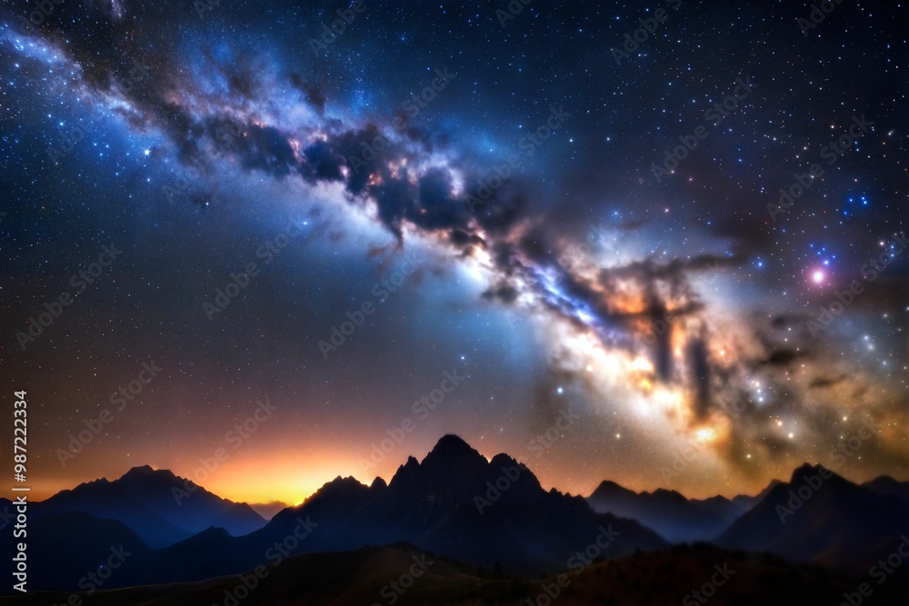 Milky way arching over majestic mountain range Milky way arching over majestic mountain range