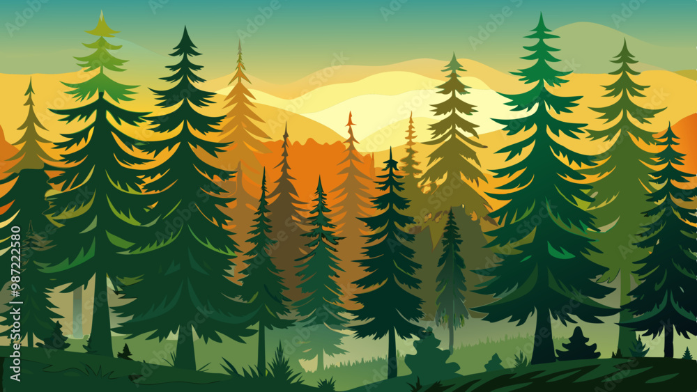 Obraz premium Tranquil illustration of a serene forest with towering pines, lush greenery, and captivating landscapes - nature, mountain, pine, forest, illustration, landscape, tree, green, background, travel, wood