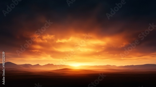 Breathtaking sunset over mountains, showcasing vibrant colors and dramatic clouds creating a serene atmosphere. photo