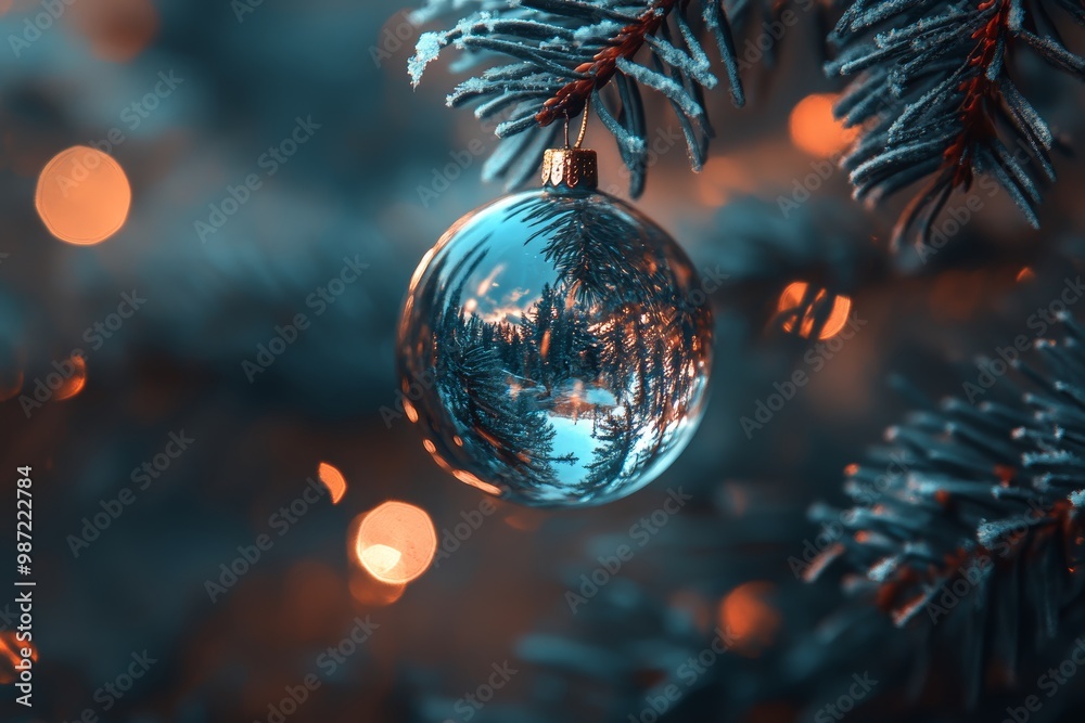 Obraz premium A beautiful glass ornament hangs on a frost-covered pine branch surrounded by glowing lights during a cozy winter evening